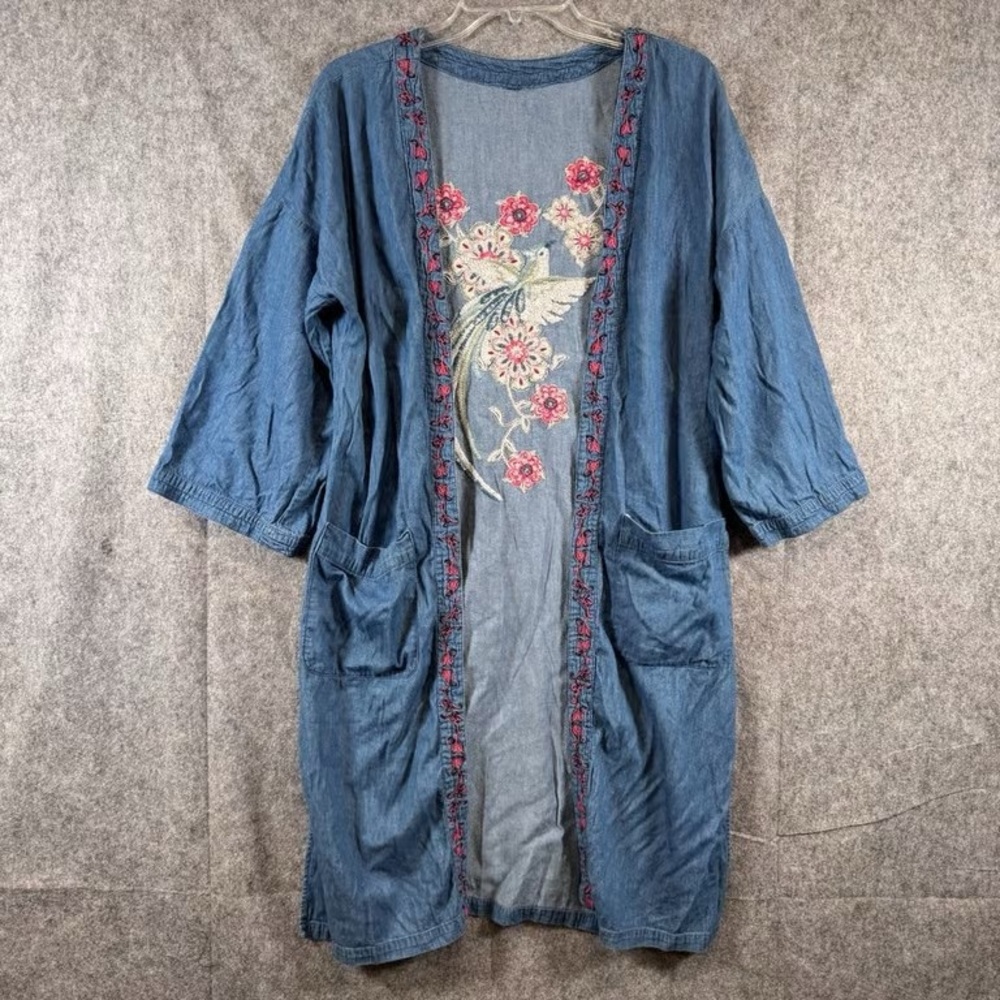 Embroidered Blue Denim Kimono Robe with Floral Detail